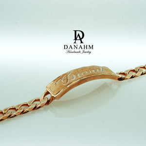 Royal Nameplate Bracelet for Men, 18 KT Rose Gold Plated, Personalized, Hand Engraved in English