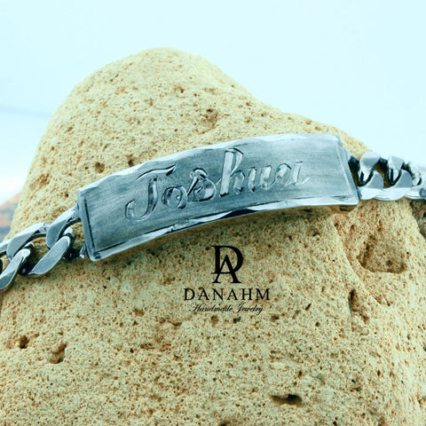 Image of Royal ID Bracelet for Men, Black Silver Plated, Personalized, Hand Engraved in English