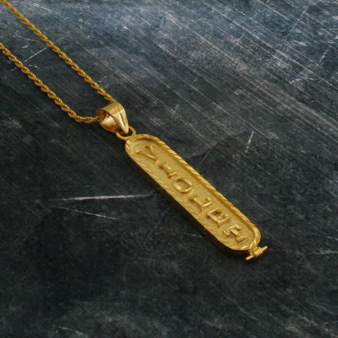 Image of Yellow Gold Cartouche Necklace with Custom Names on Both Sides, Personalized in English & Arabic, Flat Round