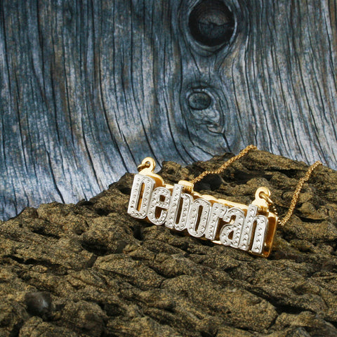Image of Nameplate Necklace, White & Yellow Gold Plated, Silver, Personalized Name in English Block Letters