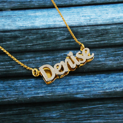 Image of Nameplate Necklace, White & Yellow Gold Plated, Silver, Personalized Name in English Cursive
