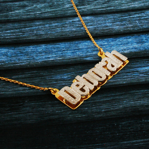 Image of Nameplate Necklace, White & Yellow Gold Plated, Silver, Personalized Name in English Block Letters