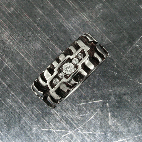 Image of Chevy Tire Ring with Tire Treads, Black and White Silver with Quartz Diamonds