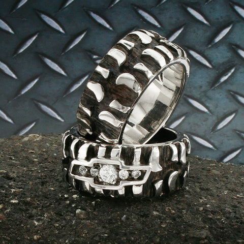 Image of Chevy Tire Ring with Tire Treads, Black and White Silver with Quartz Diamonds