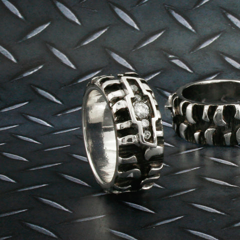 Chevy Tire Ring with Tire Treads, Black and White Silver with Quartz Diamonds