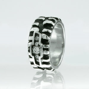 Chevy Tire Ring with Tire Treads, Black and White Silver with Quartz Diamonds