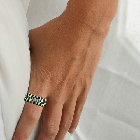 Image of Chevy Tire Ring with Tire Treads, Black and White Silver with Quartz Diamonds