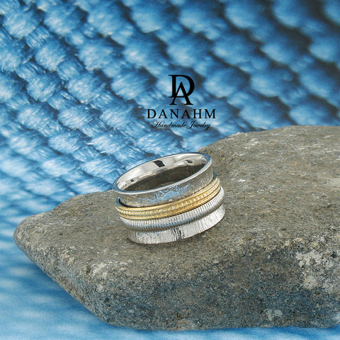 Image of Fiddle Band Spinning Ring, White & Yellow Gold Plated Silver Band