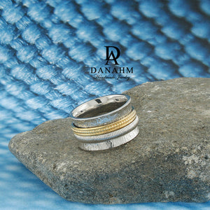Fiddle Band Spinning Ring, White & Yellow Gold Plated Silver Band