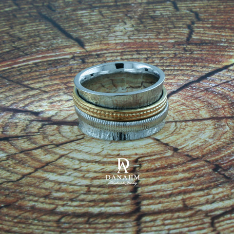 Image of Fiddle Band Spinning Ring, White & Yellow Gold Plated Silver Band