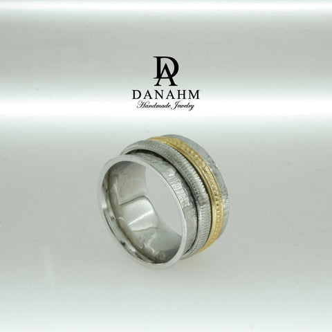 Image of Fiddle Band Spinning Ring, White & Yellow Gold Plated Silver Band