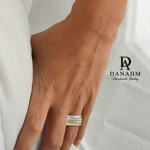 Fiddle Band Spinning Ring, White & Yellow Gold Plated Silver Band