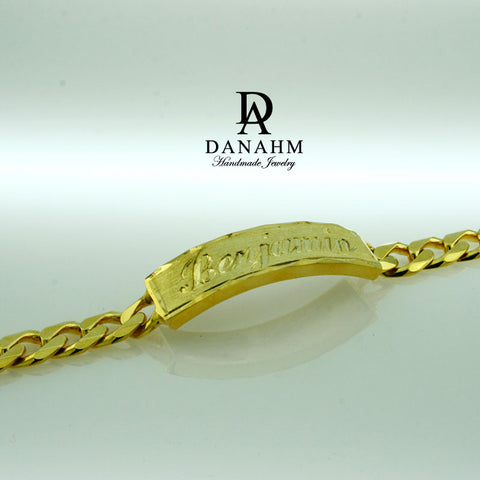 Image of Men Gold Bracelet with Cuban Links, 18 KT Yellow Gold Plated, Custom Name Hand Engraved in English