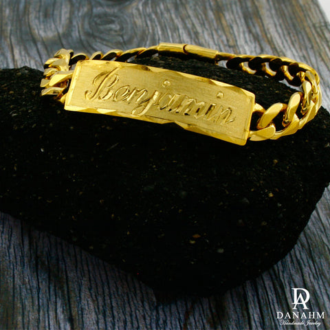 Image of Men Gold Bracelet with Cuban Links, 18 KT Yellow Gold Plated, Custom Name Hand Engraved in English