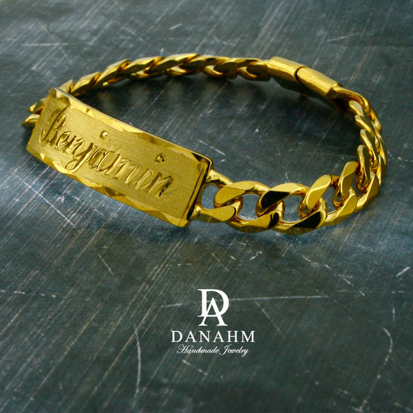 Men Gold Bracelet with Cuban Links, 18 KT Yellow Gold Plated, Custom N –  Danahm