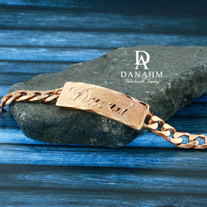 Royal Nameplate Bracelet for Men, 18 KT Rose Gold Plated, Personalized, Hand Engraved in English