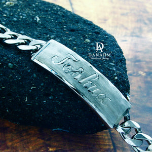 Royal ID Bracelet for Men, Black Silver Plated, Personalized, Hand Engraved in English