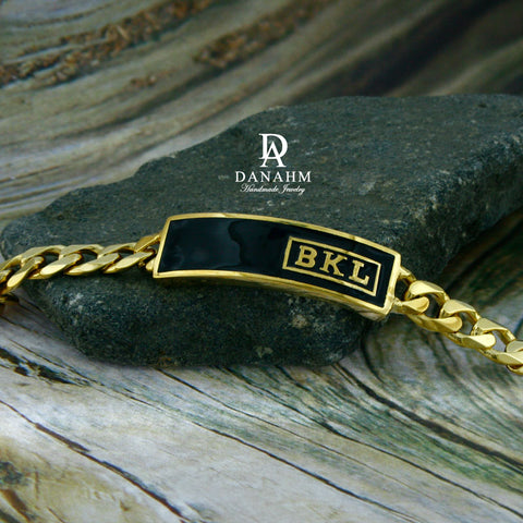 Image of 18 KT Gold Plated Royal Initials Bracelet with Black Enamel, Personalized in English