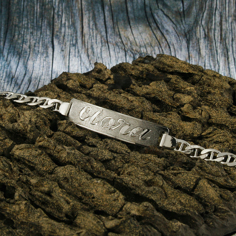 Image of White Gold Plated Nameplate Bracelet, Personalize in English & Arabic, Slim Round