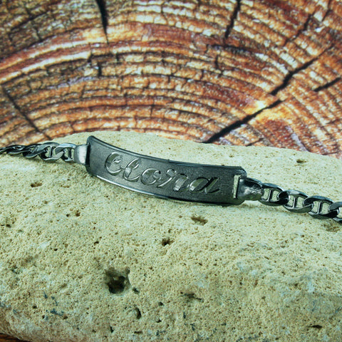 Image of Black Silver Custom Nameplate Bracelet, Personalize in English & Arabic, Slim Round