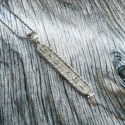 Image of White Gold Plated Cartouche Necklace, Personalized in English & Hieroglyphs, Flat Round