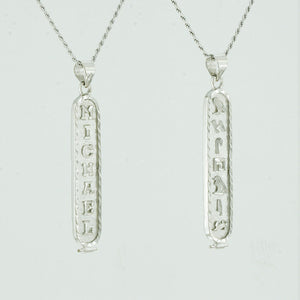 White Gold Plated Cartouche Necklace, Personalized in English & Hieroglyphs, Flat Round
