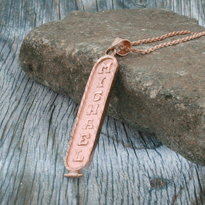 Rose Gold Plated Cartouche Necklace, Personalized in English & Hieroglyphs, Flat Round