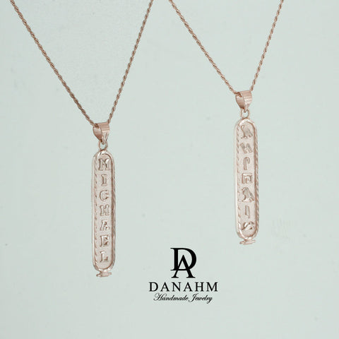Image of Rose Gold Plated Cartouche Necklace, Personalized in English & Hieroglyphs, Flat Round
