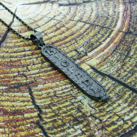 Image of Black Silver Cartouche Necklace, Personalized in English & Hieroglyphs, Flat Round