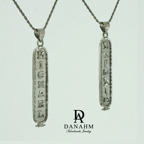 Image of Black Silver Cartouche Necklace, Personalized in English & Hieroglyphs, Flat Round