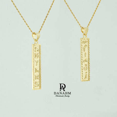 Image of Yellow Gold Plated Necklace with Custom Names on Both Sides, Personalized in English & Arabic, Flat Square