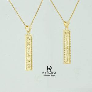 Yellow Gold Plated Necklace with Custom Names on Both Sides, Personalized in English & Arabic, Flat Square