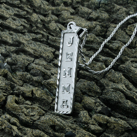 Image of White Gold Plated Cartouche Necklace, Personalized in English & Hieroglyphs, Flat Square