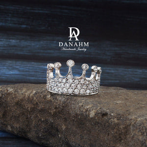 White Gold Silver Queen Ring with Desert Diamonds, Princess Ring, Crown Ring