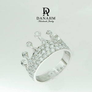 White Gold Silver Queen Ring with Desert Diamonds, Princess Ring, Crown Ring