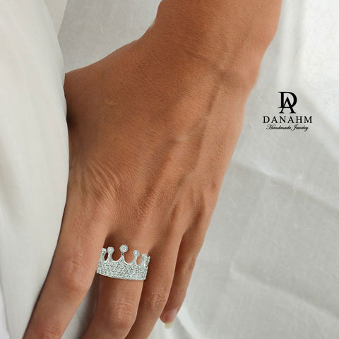 Image of White Gold Silver Queen Ring with Desert Diamonds, Princess Ring, Crown Ring