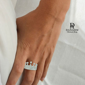 White Gold Silver Queen Ring with Desert Diamonds, Princess Ring, Crown Ring