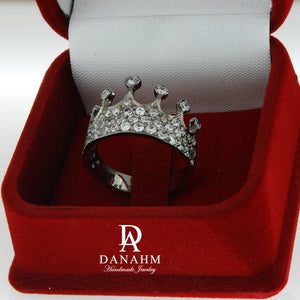 Black Silver Queen Ring with Desert Diamonds, Princess Ring, Crown Ring
