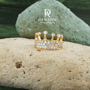 Yellow Gold Silver Queen Ring with Desert Diamonds, Princess Ring, Crown Ring