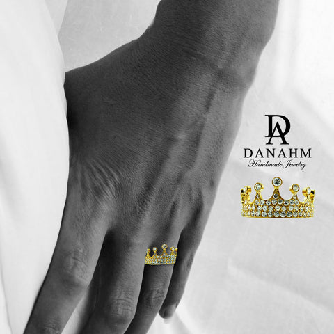 Image of Yellow Gold Silver Queen Ring with Desert Diamonds, Princess Ring, Crown Ring