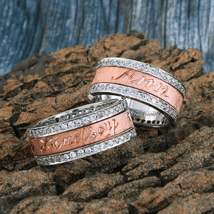 18 KT Rose Gold Spinning Band, Personalized Name in English & Arabic, Desert Diamonds